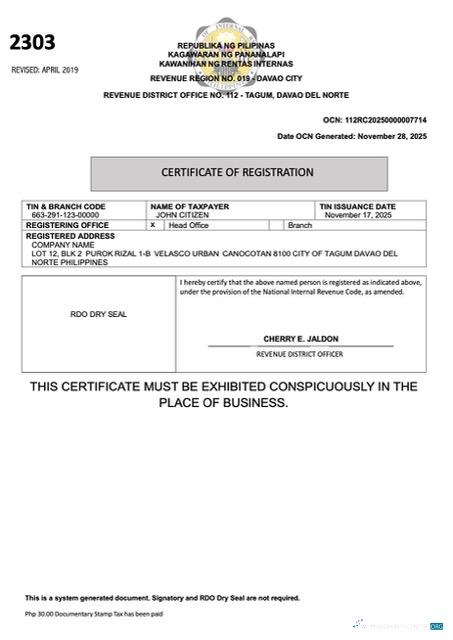 Philippines certificate of registration Word and PDF template, version 4